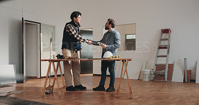 Buy stock photo Architect, team and handshake with color swatch for renovation project, interior design or agreement. Happy, people and shaking hands at building site with paint options, architecture and approval.