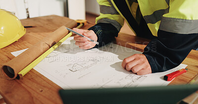 Buy stock photo Architecture, blueprint and hands of person for renovation, property planning or building layout. Construction, paper and worker with sketch, floorplan and drawing for design, remodeling or structure