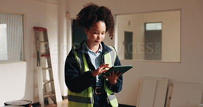 Buy stock photo Building, project management and tablet with architect woman in home for renovation schedule. App, construction and interior design with engineer in apartment for housing or property development