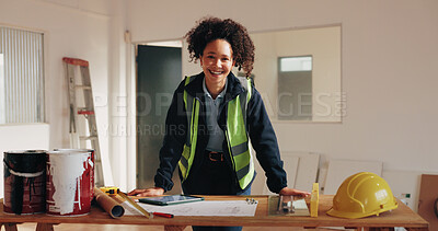 Buy stock photo Engineer, smile and portrait with woman and blueprint for property surveyor, architect or renovation. Layout, floor plan or building contractor with person on construction site for remodeling project