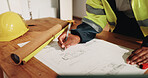 Construction, writing and hands of woman for blueprint, building design and planning for property. Architecture, desk and person with sketch, floorplan and drawing for layout, remodeling or structure
