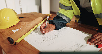 Buy stock photo Construction, writing and hands of woman for blueprint, building design and planning for property. Architecture, desk and person with sketch, floorplan and drawing for layout, remodeling or structure