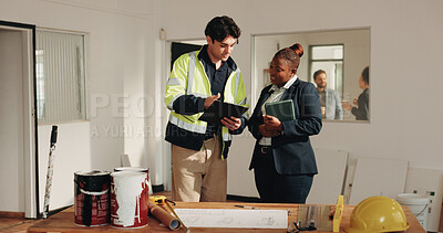 Buy stock photo Construction, project management and tablet with architect team in home for renovation schedule. App, building and interior design with engineers in house for collaboration or property development