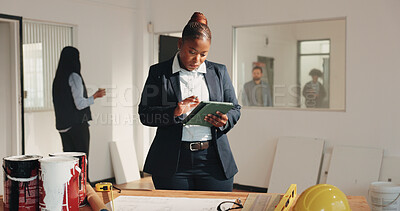 Buy stock photo Construction, project management and tablet with architect woman in home for renovation schedule. App, building and interior design with engineer in apartment for housing or property development