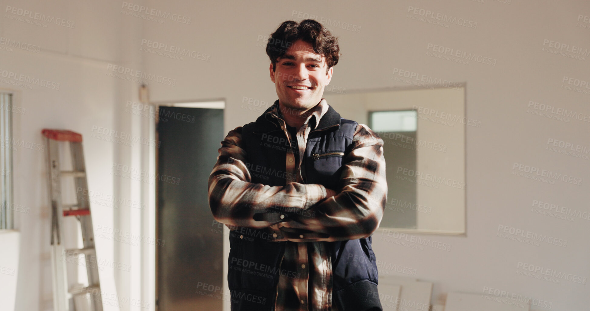 Buy stock photo Arms crossed, construction and project management with architect man in home for building renovation. Creative, interior design and portrait of happy engineer in house for property development