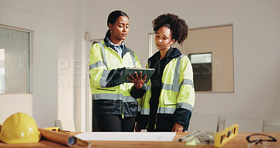 Buy stock photo Architect, women and meeting on site with tablet, website and AI rendering for property development. Team, research and planning in building with tech, online design and innovation for architecture.