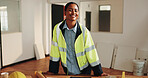 Portrait, architect and woman in building with smile, creativity and pride for property development. Happy, contractor and person at construction site with architecture job, experience and optimism.