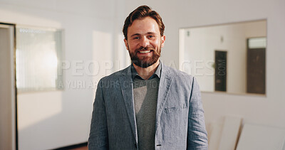 Buy stock photo Smile, professional and portrait of businessman in office with confidence for finance career growth. Happy, about us and financial manager with pride for job opportunity at workplace in Germany.