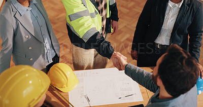 Buy stock photo Architect, investor and shaking hands at worksite for agreement, renovation deal or planning. People, blueprint or handshake on site for funding contract, contractor offer or thank you in partnership