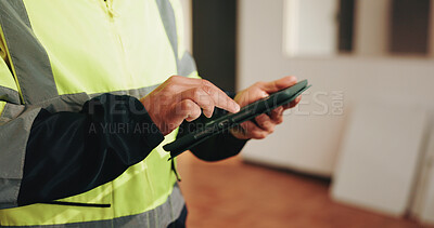 Buy stock photo Architect, hands and scroll with tablet for construction, AI rendering site and property development. Person, research or planning in building with tech, online design or innovation for architecture.