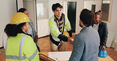 Buy stock photo Architect, investor and handshake at worksite for agreement, renovation deal or planning. People, blueprint or shaking hands on site for funding contract, contractor offer or thank you in partnership