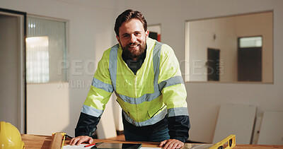 Buy stock photo Engineer, smile and portrait with man and blueprint for property surveyor, architect or renovation. Layout, floor plan or building contractor with person on construction site for remodeling project