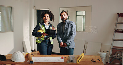 Buy stock photo Engineer, team and inspection with people and blueprint for property surveyor, architect or renovation. Discussion, floor plan or building contractor with employee on construction site for project