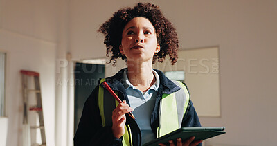 Buy stock photo Project management, tablet and thinking with architect woman in home for renovation schedule. App, construction and planning with engineer in apartment for building, housing or property development