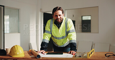 Buy stock photo Engineer, happy and portrait with man and blueprint for property surveyor, architect or renovation. Layout, floor plan or building contractor with person on construction site for remodeling project