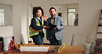 Engineer, talk and inspection with people and blueprint for property surveyor, architect or renovation. Discussion, floor plan or building contractor with employee on construction site for project