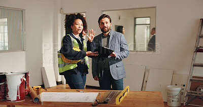 Buy stock photo Engineer, talk and inspection with people and blueprint for property surveyor, architect or renovation. Discussion, floor plan or building contractor with employee on construction site for project