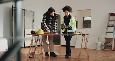Buy stock photo Architect, team and blueprint on site with tablet, design discussion and research for construction. Architecture, people and review layout document in building with tech, planning and collaboration.