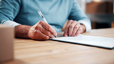 Buy stock photo Logistics, contract or hands with signature, delivery terms or vendor agreement in depot office. Distribution, courier or man with document, partnership deal or transport approval in order processing