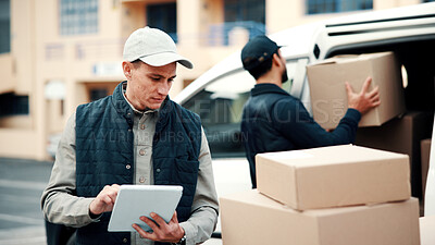 Buy stock photo Tablet, check and delivery man by van for courier transport, shipping and distribution. Team, technology and cargo boxes by vehicle with online schedule, address app or checklist for package drop off