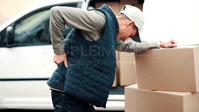 Buy stock photo Back pain, boxes and delivery man outdoor for courier transport, shipping and distribution. Burnout, person and cargo parcel by van with muscle fatigue, heavy lifting or strain at package drop off