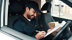 Clipboard, writing and delivery man in van for courier transport, shipping and distribution. Driver, happy person and cargo boxes in vehicle with schedule, notes or checklist for package drop off