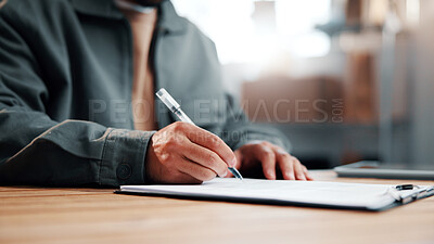 Buy stock photo Logistics, contract and hands in office with signing, delivery terms and vendor agreement in depot. Space, courier and man with document, distribution deal and transport approval in order processing.