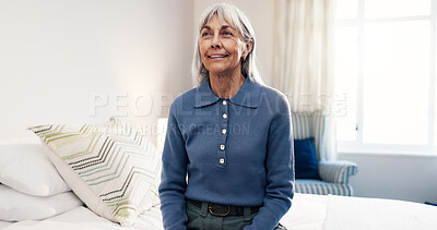 Buy stock photo Relax, smile and thinking with old woman on bed in retirement home for memories or reflection. Flare, morning and nostalgia with senior person in bedroom of apartment for break or contemplation