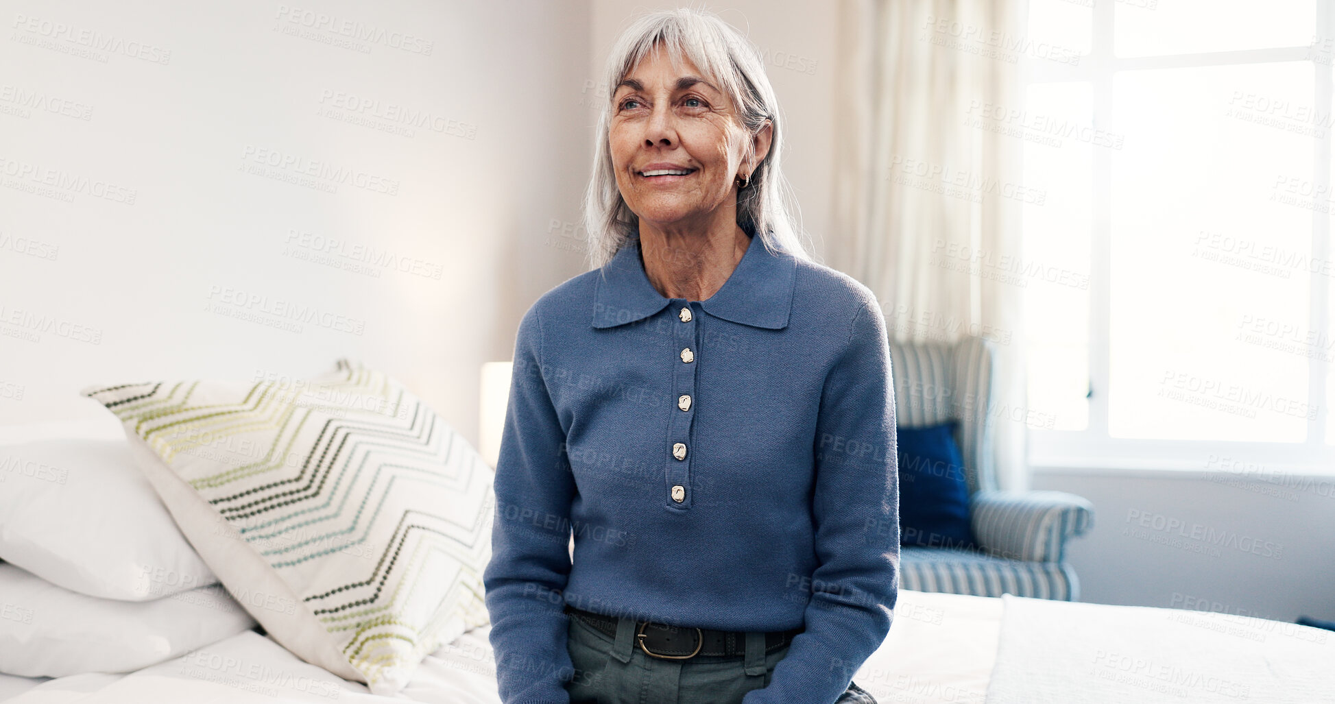 Buy stock photo Relax, smile and thinking with old woman on bed in retirement home for memories or reflection. Flare, morning and nostalgia with senior person in bedroom of apartment for break or contemplation