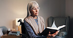 Bible, reading and senior woman in wheelchair at house for religion, worship or spiritual guide. Relax, glasses and elderly person with disability in home with studying holy scripture in bedroom.