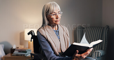 Buy stock photo Bible, reading and senior woman in wheelchair at house for religion, worship or spiritual guide. Relax, glasses and elderly person with disability in home with studying holy scripture in bedroom.