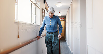 Buy stock photo Old woman, walking and physio at facility with walker, support and mobility aid for injury recovery. Medical, corridor and senior person with disability, gait assistance and balance for physiotherapy