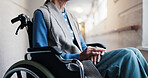 Hands, thinking and old woman at house with wheelchair, vision and decision for injury recovery. Homecare, choice or senior person with disability, reflection and mindset for parkinson rehabilitation