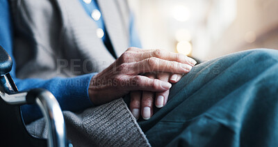 Buy stock photo Hands, thinking and old person at house with wheelchair, vision and memory for injury recovery. Nursing home, rest or senior patient with disability, reflection and ideas for parkinson rehabilitation