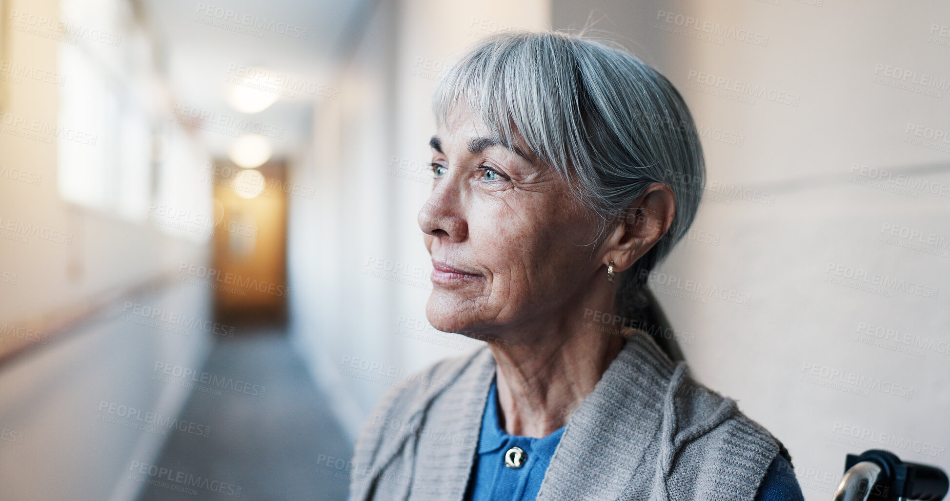 Buy stock photo Thinking, happy and old woman in wheelchair at nursing home, vision and ideas for injury recovery. Smile, retirement and senior person with disability, reflection and perspective for rehabilitation