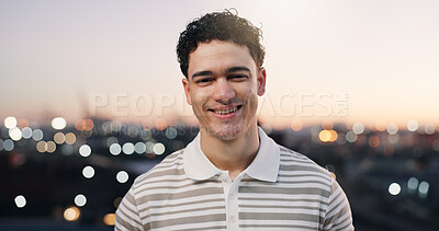 Buy stock photo Smile, space and university with student man outdoor for city scholarship or education break. College, evening bokeh and school with happy learner at downtown campus for future opportunity or growth