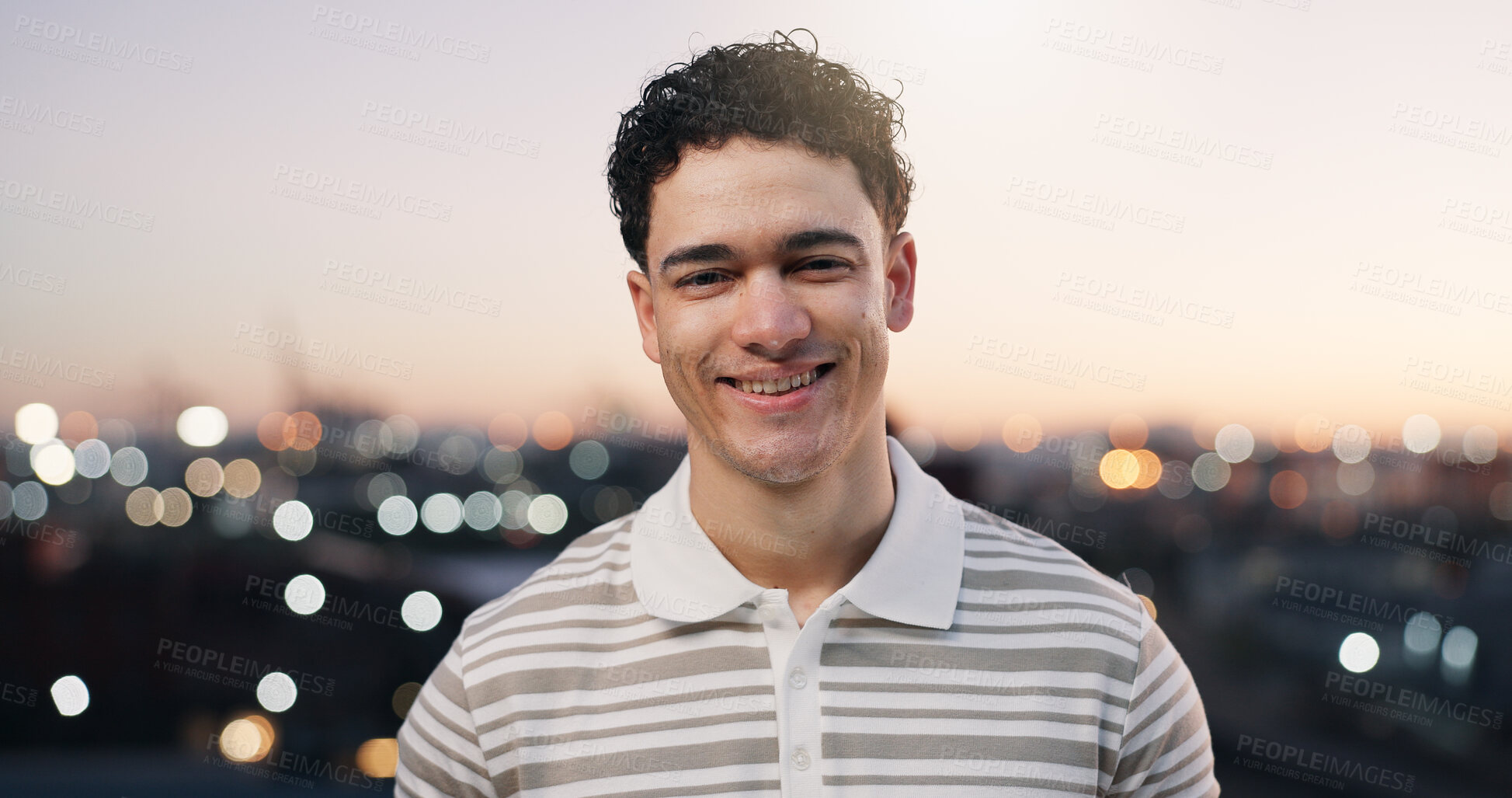Buy stock photo Smile, space and university with student man outdoor for city scholarship or education break. College, evening bokeh and school with happy learner at downtown campus for future opportunity or growth