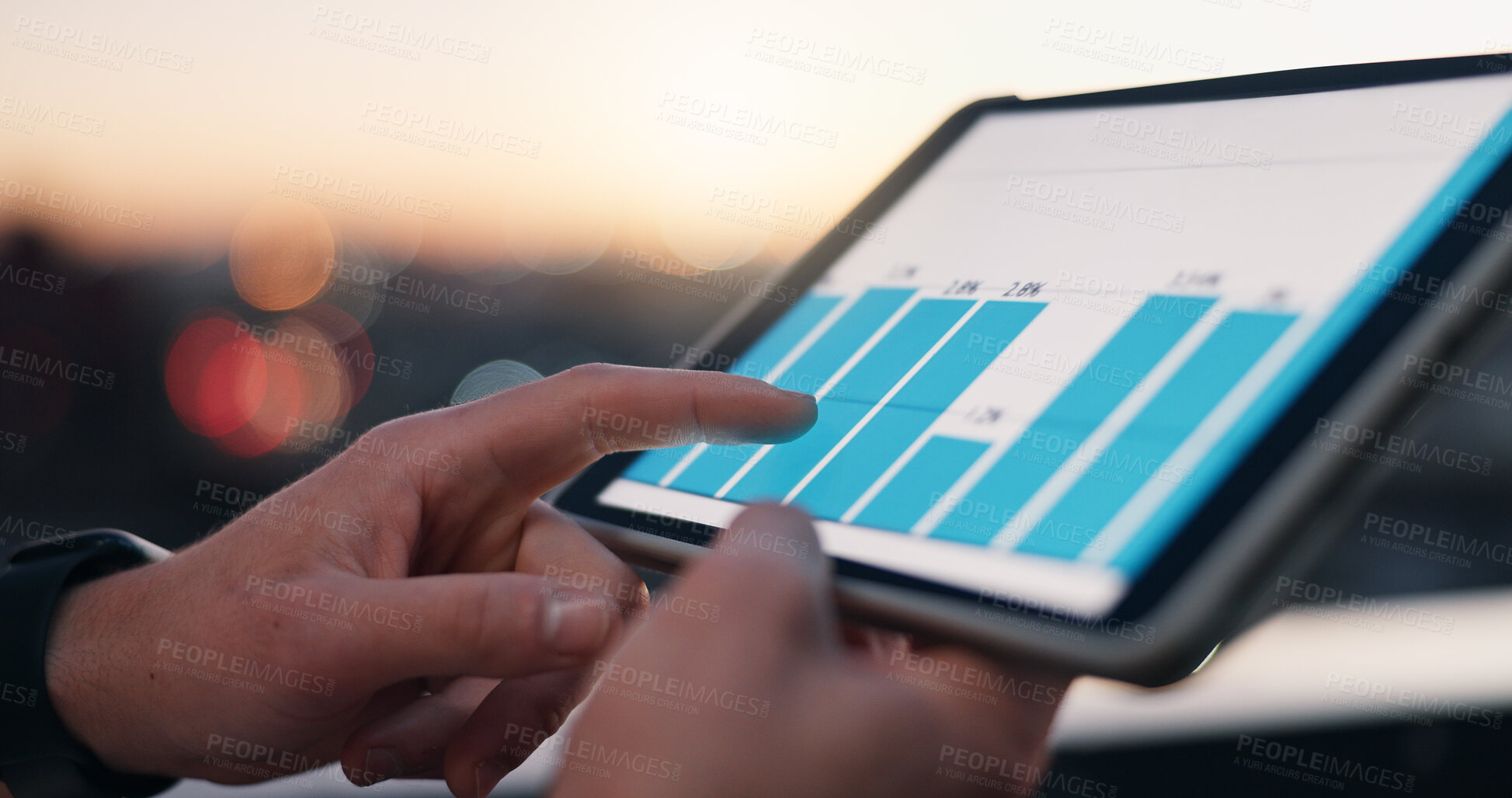 Buy stock photo Balcony, hands and scroll outdoor with tablet screen, data analysis and real estate or housing market. Sunset, bokeh or person planning in city with tech, graphs or statistics for property investment