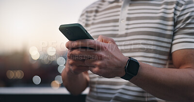 Buy stock photo Connectivity, hands and phone with man outdoor in evening for communication or internet search. App, networking and typing text message with person in city for mobile research as social media user