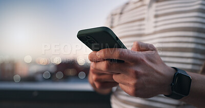 Buy stock photo Hands, networking and phone with man in city for communication, connectivity or internet search. App, space and typing text message person outdoor in evening for mobile research as social media user