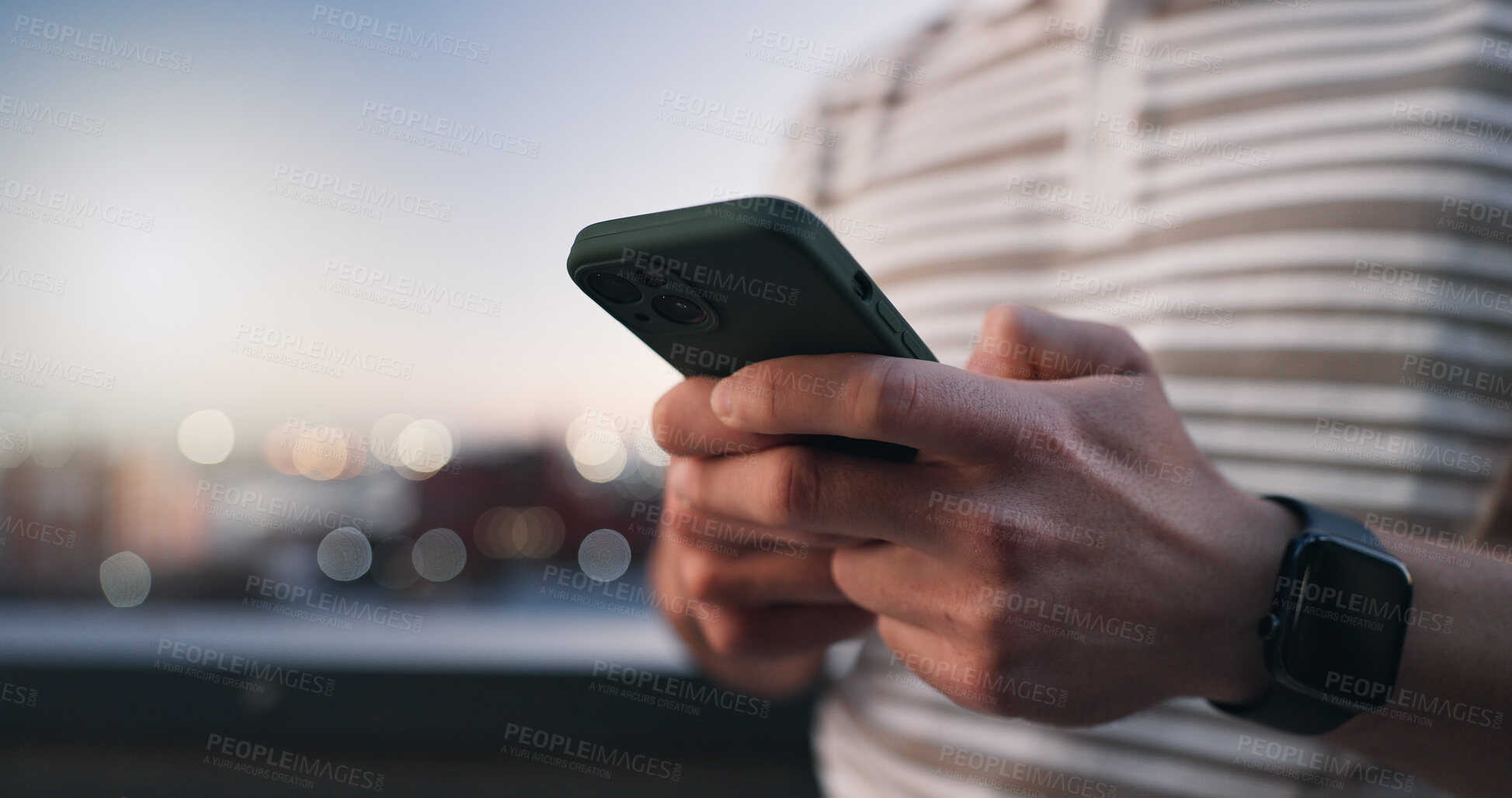Buy stock photo Hands, networking and phone with man in city for communication, connectivity or internet search. App, space and typing text message person outdoor in evening for mobile research as social media user