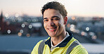 Construction, portrait and smile of man in city for project management or property development. Bokeh, civil engineering and space with happy developer outdoor in evening for architecture or building