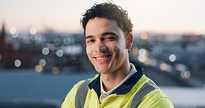 Buy stock photo Construction, portrait and smile of man in city for project management or property development. Bokeh, civil engineering and space with happy developer outdoor in evening for architecture or building