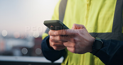 Buy stock photo Hands, phone and construction worker in city for digital blueprint, typing and engineer feedback. Property, infrastructure space and person in online urban planning forum with tech, chat and response