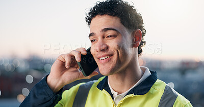 Buy stock photo Man, phone call and construction worker in city with connectivity, conversation and engineering. Property, infrastructure and person in urban planning communication with tech, chat network or contact