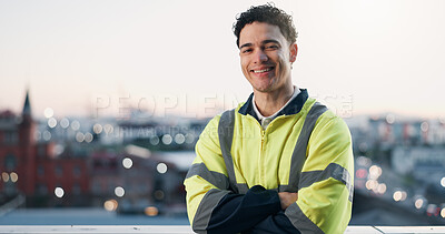 Buy stock photo Arms crossed, building and portrait of happy man in city for development or project management. Bokeh, space and smile with proud civil engineer outdoor for architecture, construction or property