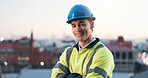 Arms crossed, construction and portrait of man in city for development or project management. Civil engineering, hard hat and space with happy developer outdoor for architecture, building or property