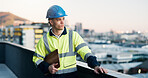 Man, engineer or thinking on rooftop with clipboard, urban development or view for expansion project. Contractor, reflection or checklist on city building for perspective at infrastructure evaluation
