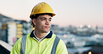 Man, thinking and construction worker in city with hardhat, civil engineering and mindset outdoor. Property, infrastructure space and person for urban planning, project vision or inspiration with PPE