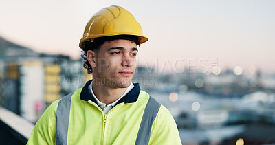 Buy stock photo Man, thinking and construction worker in city with hardhat, civil engineering and mindset outdoor. Property, infrastructure space and person for urban planning, project vision or inspiration with PPE